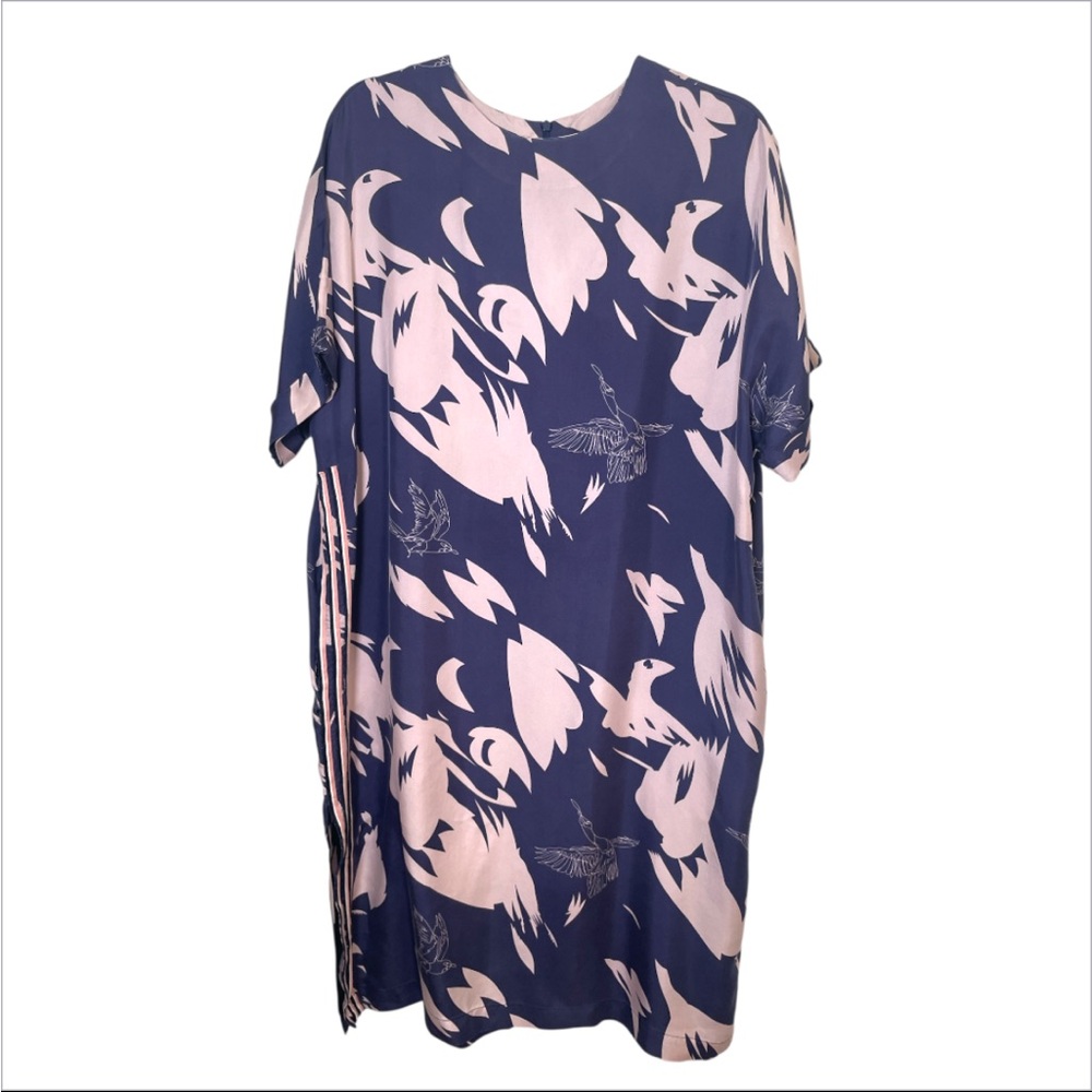 Women’s Abstract Bird Print Navy Pink Silk Shift Dress Size S Designer Style